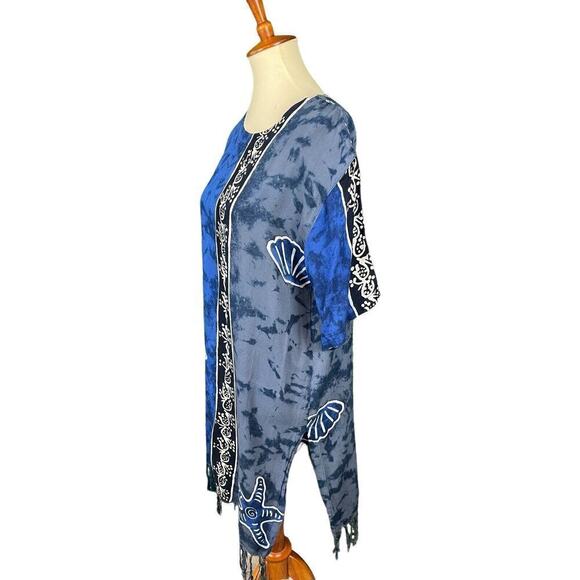 Rain Resort Wear Beach Cover-Up Size Medium Blue + Black with Fringe - Picture 2 of 10